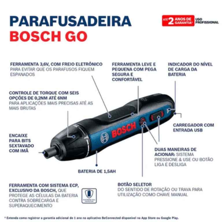 Parafusadeira a Bateria Bosch Go 3,6V BIVOLT com 2 Bits + Kit de pontas 46 peças (2)